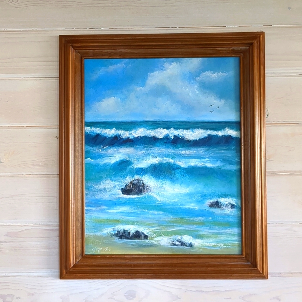 New Original Acrylic Painting Seascape Rough Surf & Rocks Artist Signed Canvas